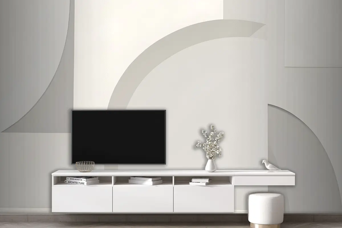 Beyaz Ve Nötr Soyut Şekiller Oturma Odası Salon Duvar Kağıdı