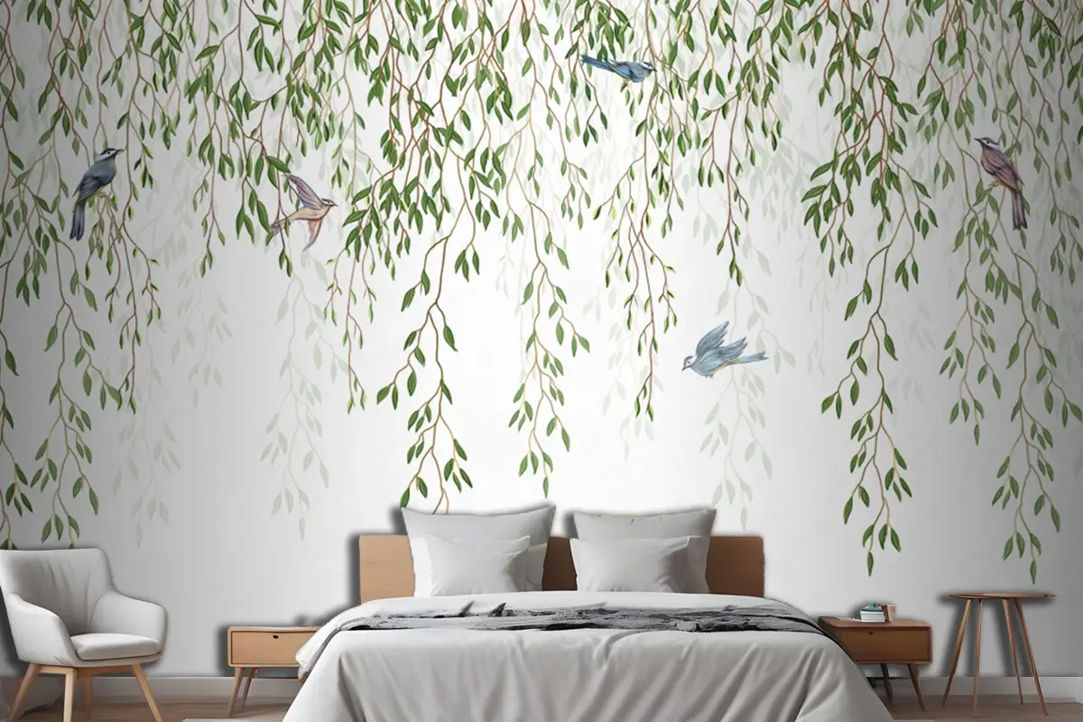 Yukarıdan Sarkan Söğüt Dalları Ve Beyaz Arka Planda Kuşlar Yatak Odası Duvar Kağıdı