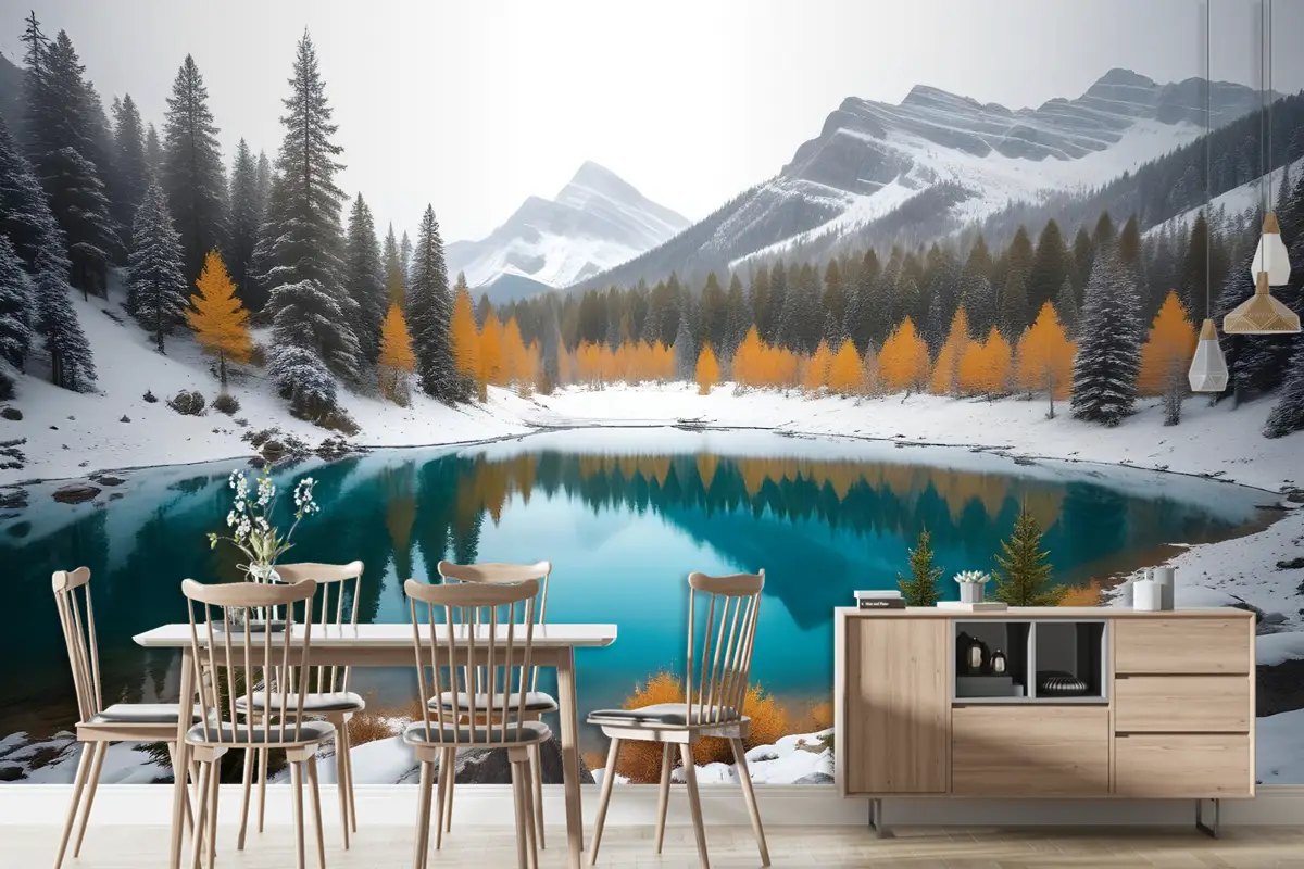 Çam Ormanı Ile Kış Gölü Manzarası Duvar Kağıdı