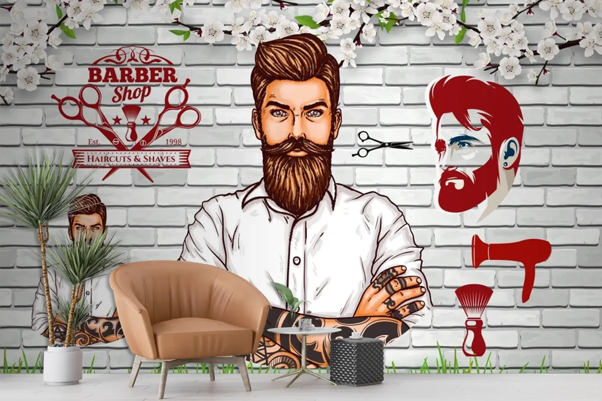 Yeşil Çim Taş Desen Arka Plan Erkek Kuaför Duvar Kağıdı