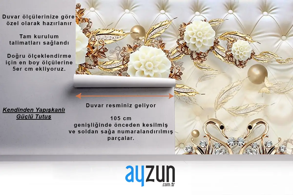  3 Boyutlu Tv Arkası Gold Çiçekler