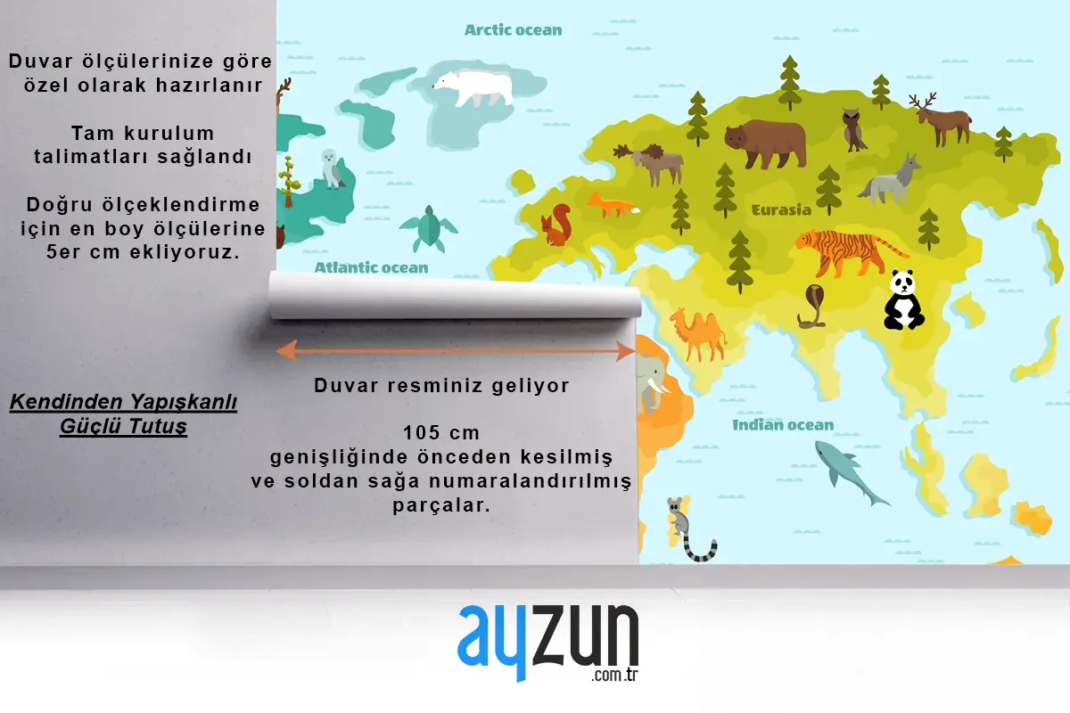 Kıtalar Çocuk Odası Duvar Kağıdı  Olan Çocuklar İçin Komik Karikatür Hayvan Dünya Haritası