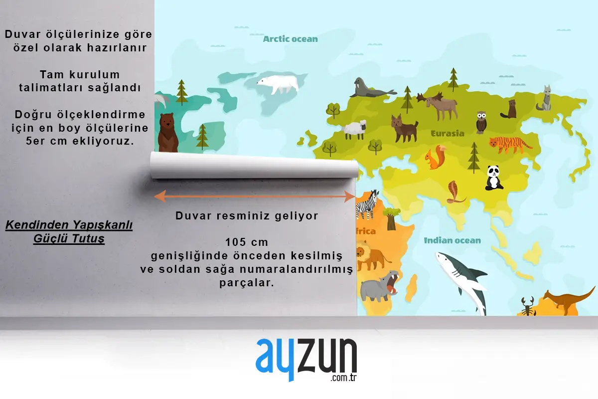 Farklı Hayvan Çocuk Odası Duvar Kağıdı  Ile Dünya Haritası