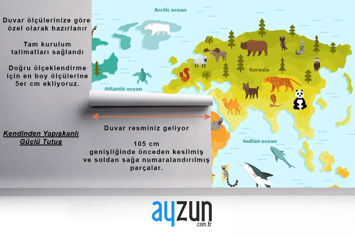 Farklı Hayvan Çocuk Odası Duvar Kağıdı  Ile Dünya Haritası