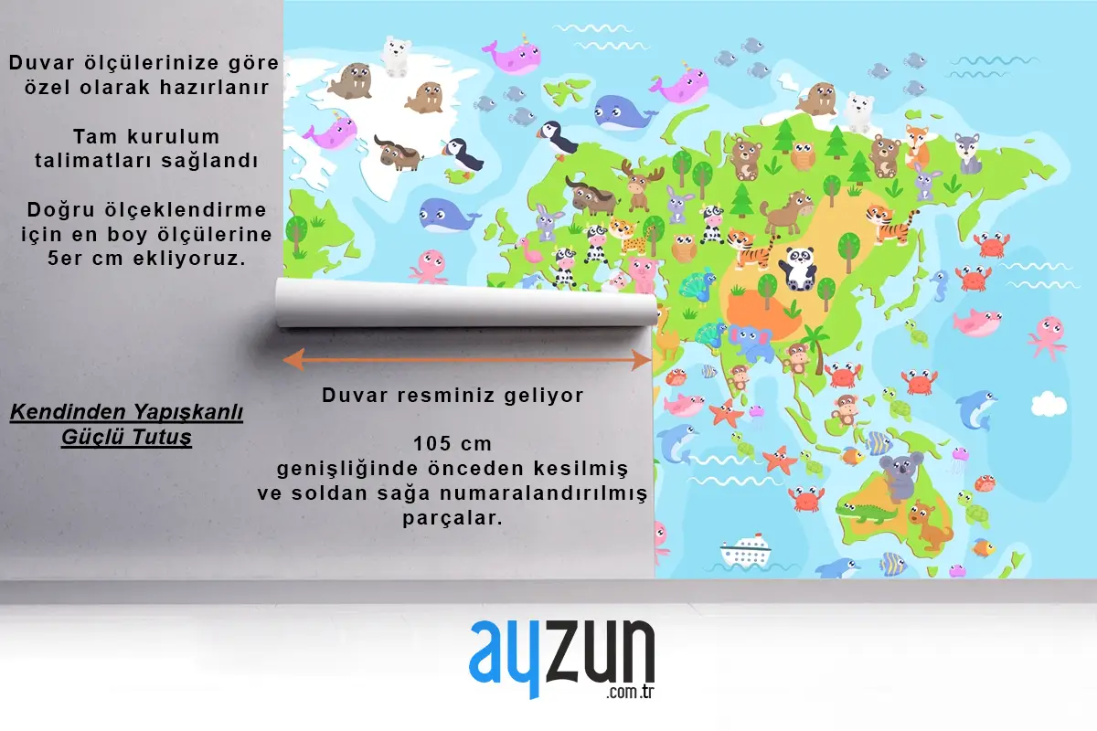 Çocuklar Için Hayvanlarla Dünya Haritası Çocuk Odası Duvar Kağıdı