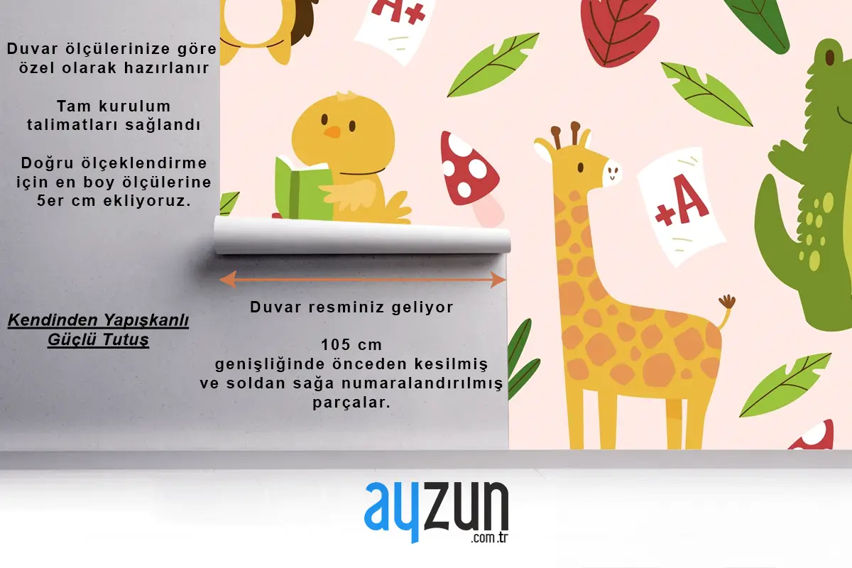 Elle Çizilmiş Çocuksu Hayvanlar Desen Çocuk Odası Duvar Kağıdı 