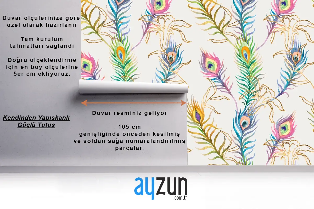 Tavus Kuşu Tüyü Renkli Suluboya Desen Yatak Odası Duvar Kağıdı Duvar Arka Planı