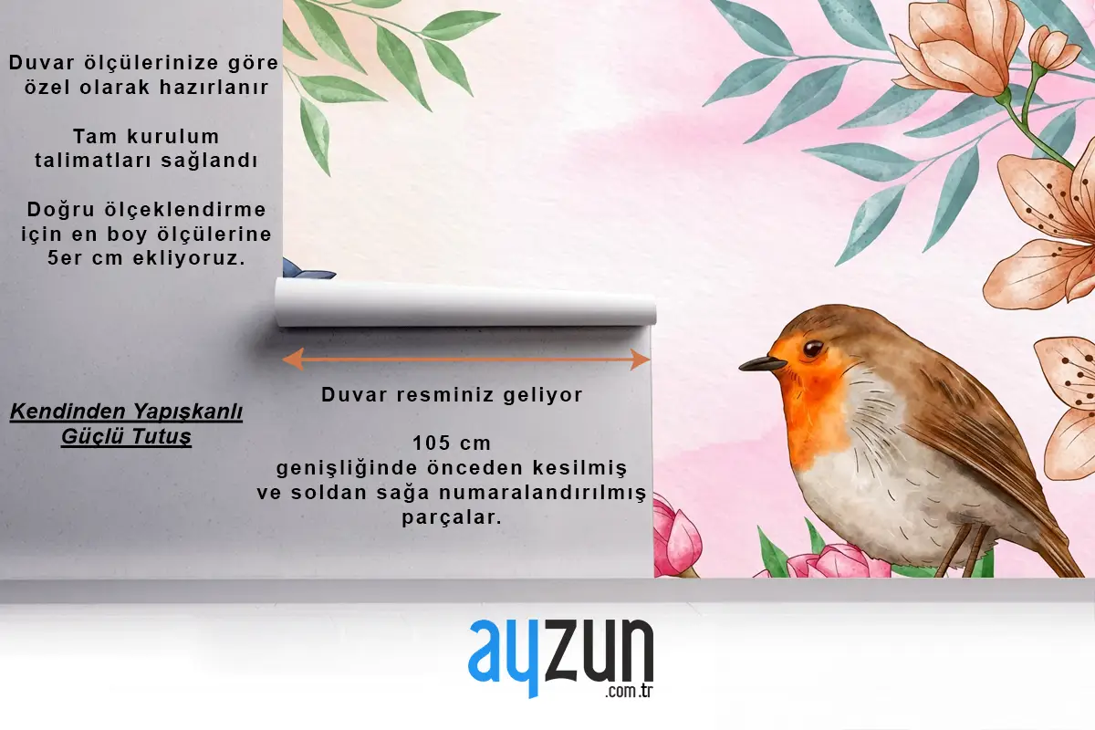 El Boyalı Suluboya Çiçek Kuşlar Arka Plan Çocuk Odası Duvar Kağıdı 