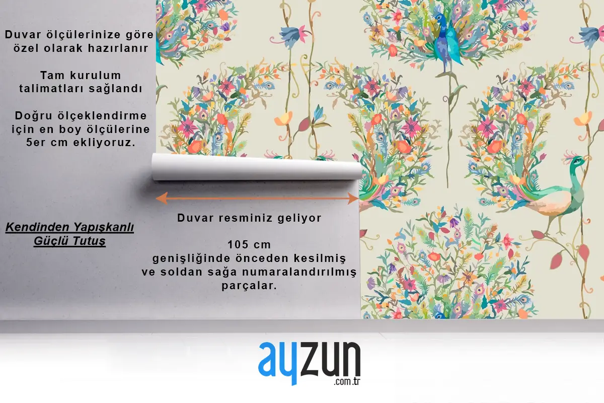 Suluboya Tavus Kuşu Ve Çiçek Yemek Odası Duvar Kağıdı