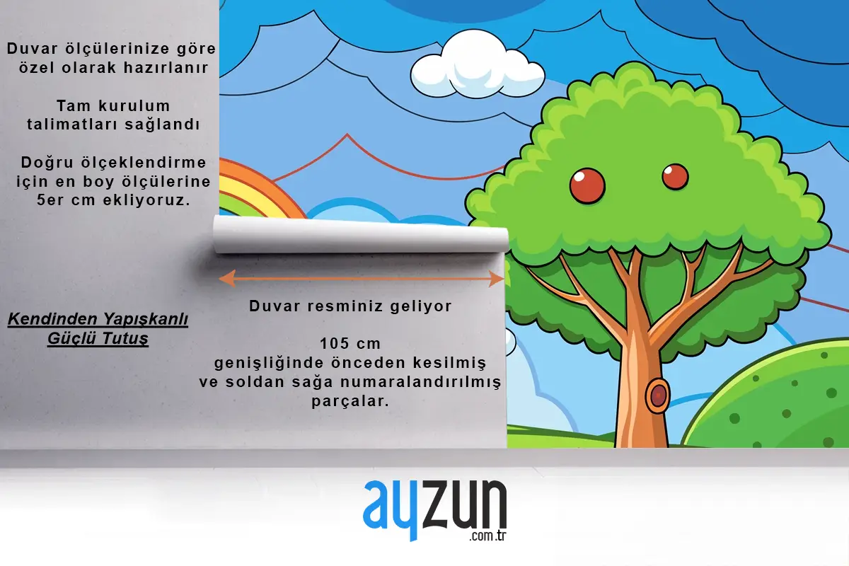 Çocuk Odası Duvar Kağıdı Nde Ağaç Ve Gökkuşağının Bulunduğu Renkli Bir Gökkuşağı Çizimi