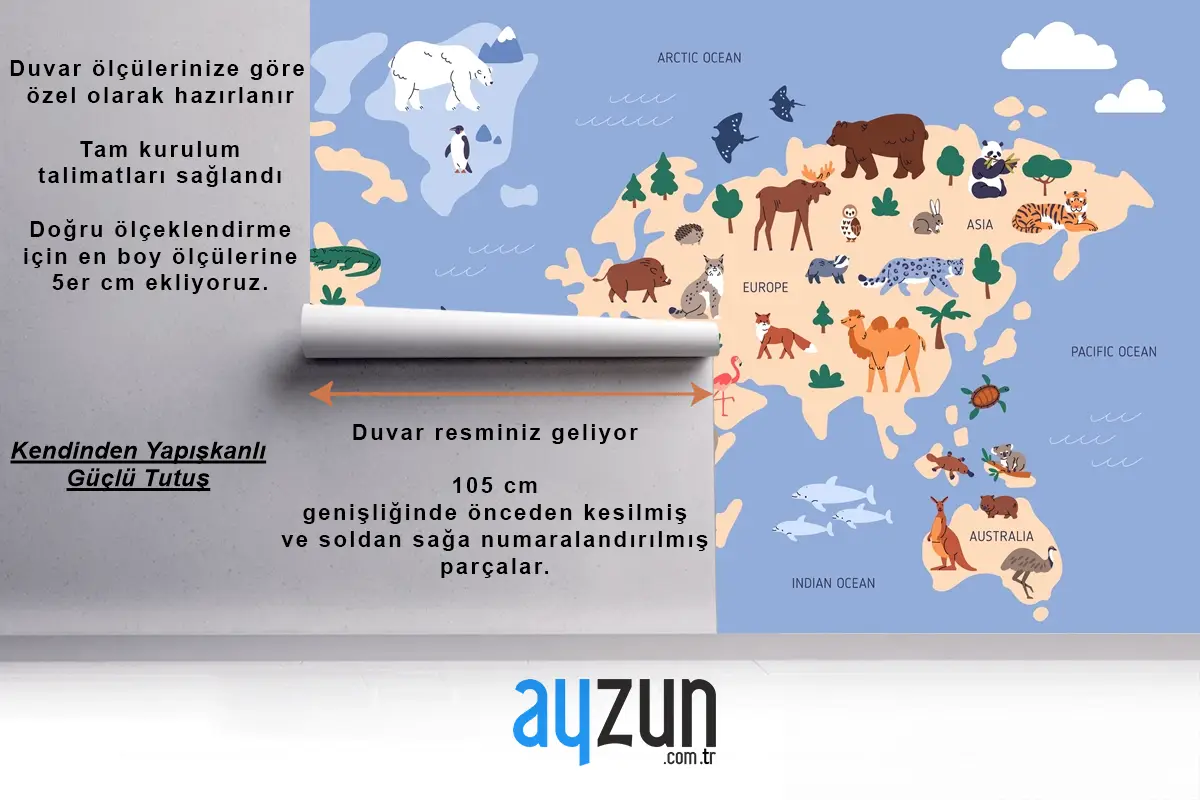 Suda Ve Yeryüzünde Hayvanların Bulunduğu Dünya Haritası Coğrafya Çocuk Odası Duvar Kağıdı