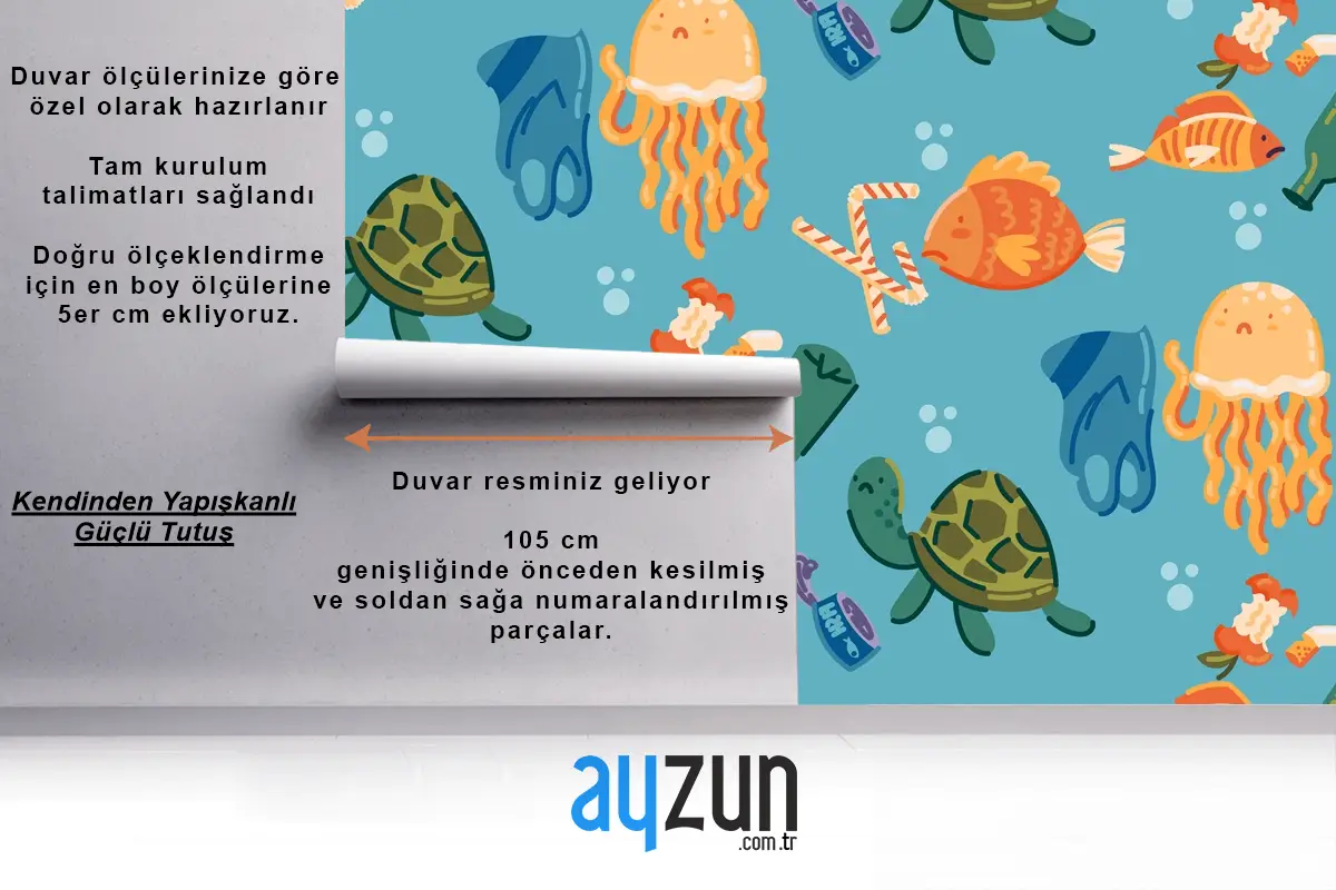 Elle Çizilmiş Okyanusları Kurtar Desen Çocuk Odası Duvar Kağıdı 