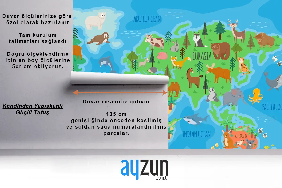 Orman Hayvanları Çocuk Odası Duvar Kağıdı Ile Çocuk Odası İçin Karikatür Dünya Haritası