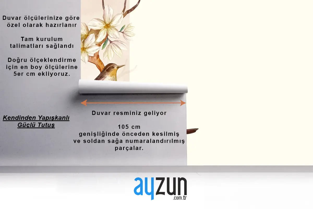 Asya Çiçek Suluboya Kuşlar Duvar Kağıdı