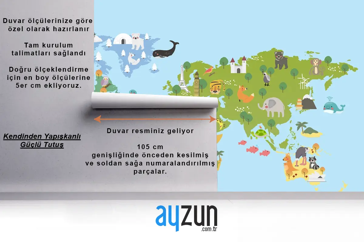 Hayvan Dünya Haritası Çocuk Odası Duvar Kağıdı
