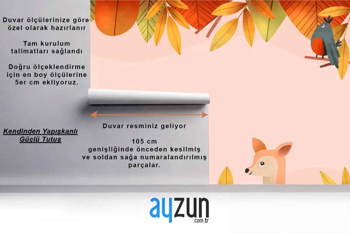 Suluboya Orman Hayvanı Ve Yaprakları Çocuk Odası Duvar Kağıdı 
