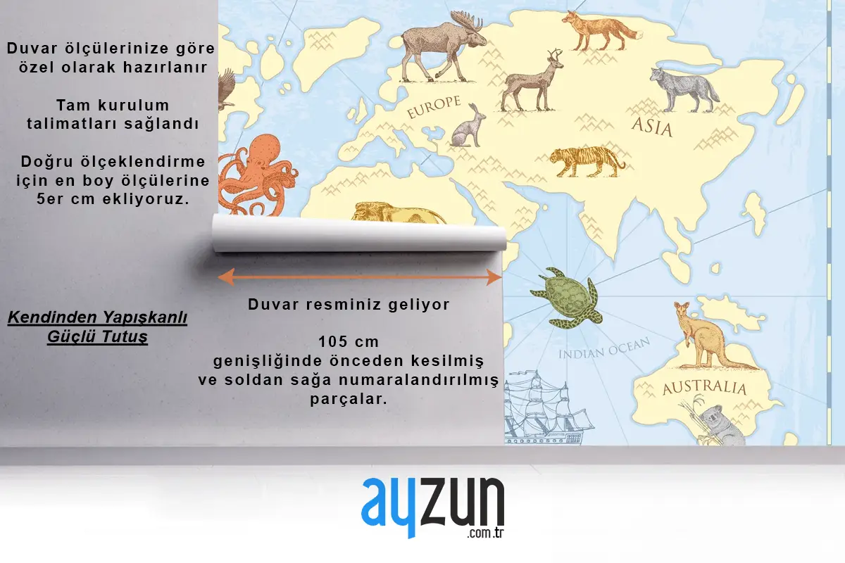 Vahşi Hayvanlarla Vintage Dünya Haritası Çocuk Odası Duvar Kağıdı