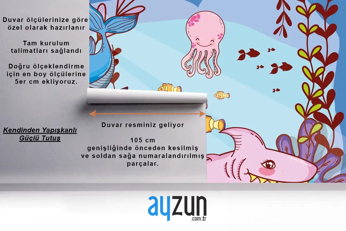 Deniz Yosunu Bitkileri Ile Sevimli Deniz Hayvanları Çocuk Odası Duvar Kağıdı