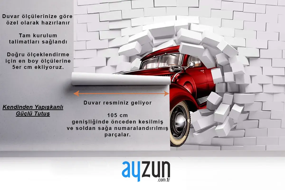 3D Boyutlu Duvardan Çıkan Kırmızı Araba Çocuk Odası Duvar Kağıdı