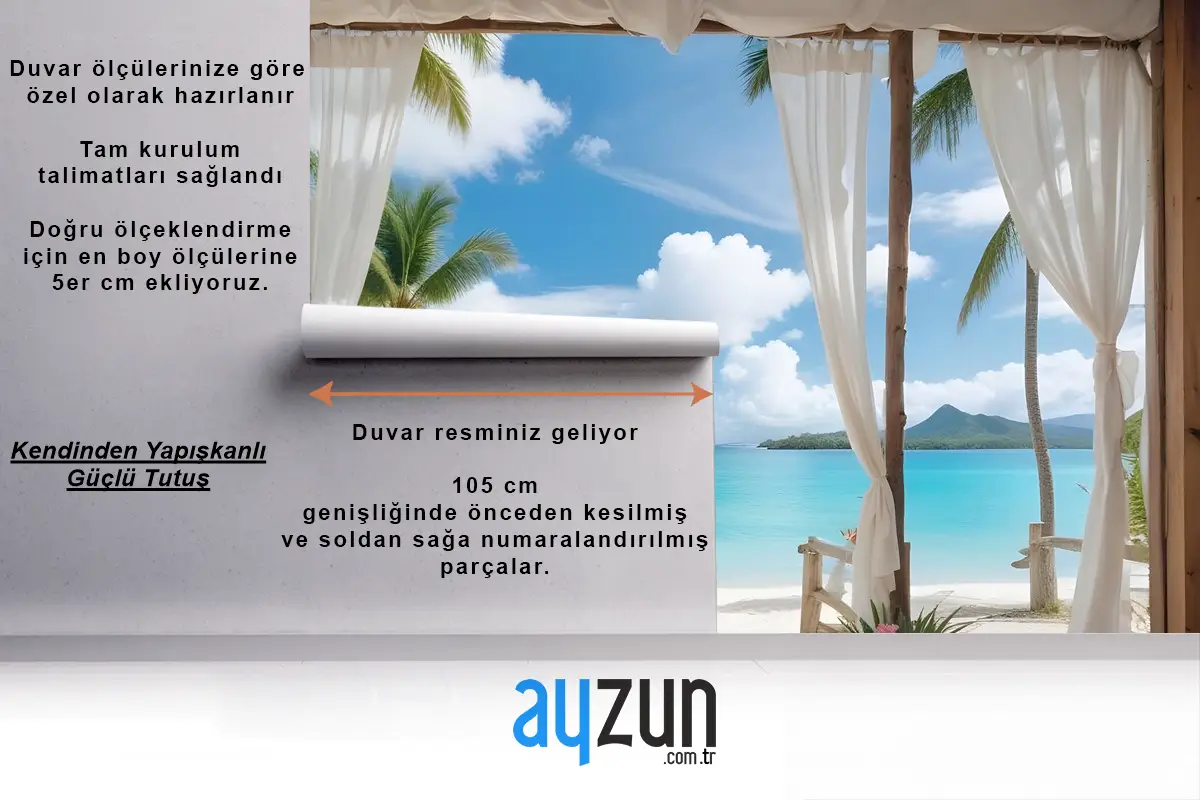 Eski Kemerler Ve Palmiye Ağaçları Ile 3D Görünümlü Mavi Deniz Manzarası Duvar Kağıdı