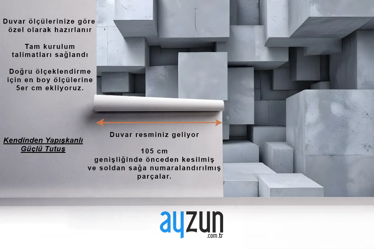 3D Görünümlü Beton Tarzı Gri Soyut Küpler Duvar Kağıdı