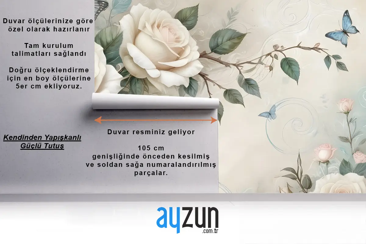 3D Görünümlü Krem Gül Çiçek Duvar Kağıdı