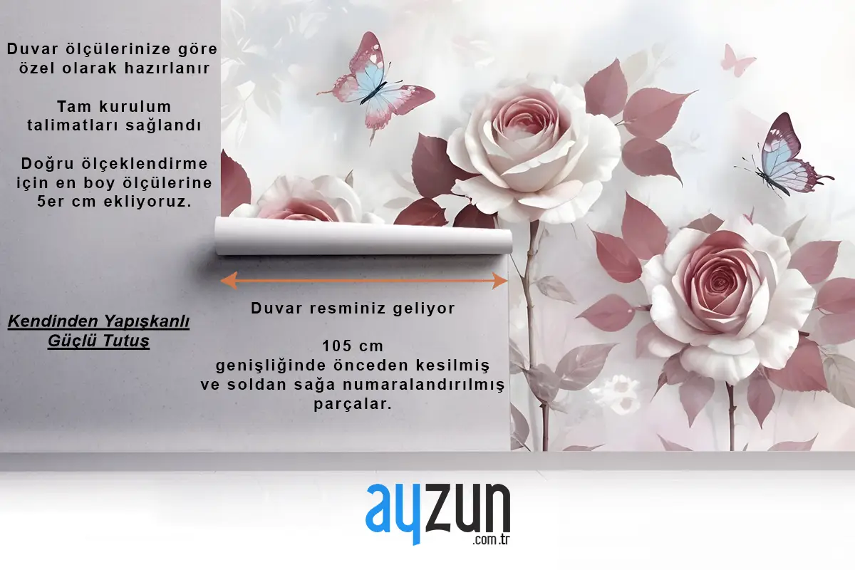 Küçük Kelebek Duvar Kağıdı  Ile 3D Görünümlü Çiçek