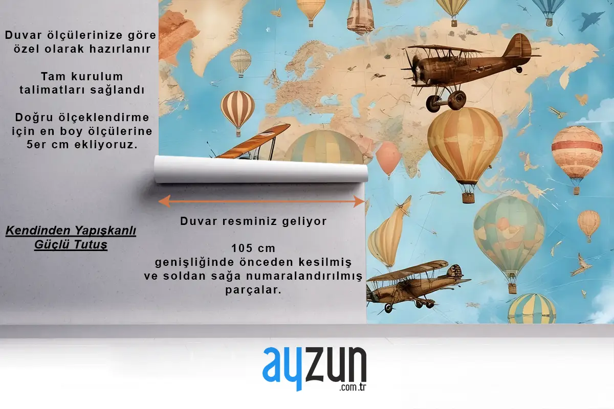 Sıcak Hava Balonu Çocuk Odası Duvar Kağıdı  Ile 3D Görünümlü Çocuk Dünya Haritası