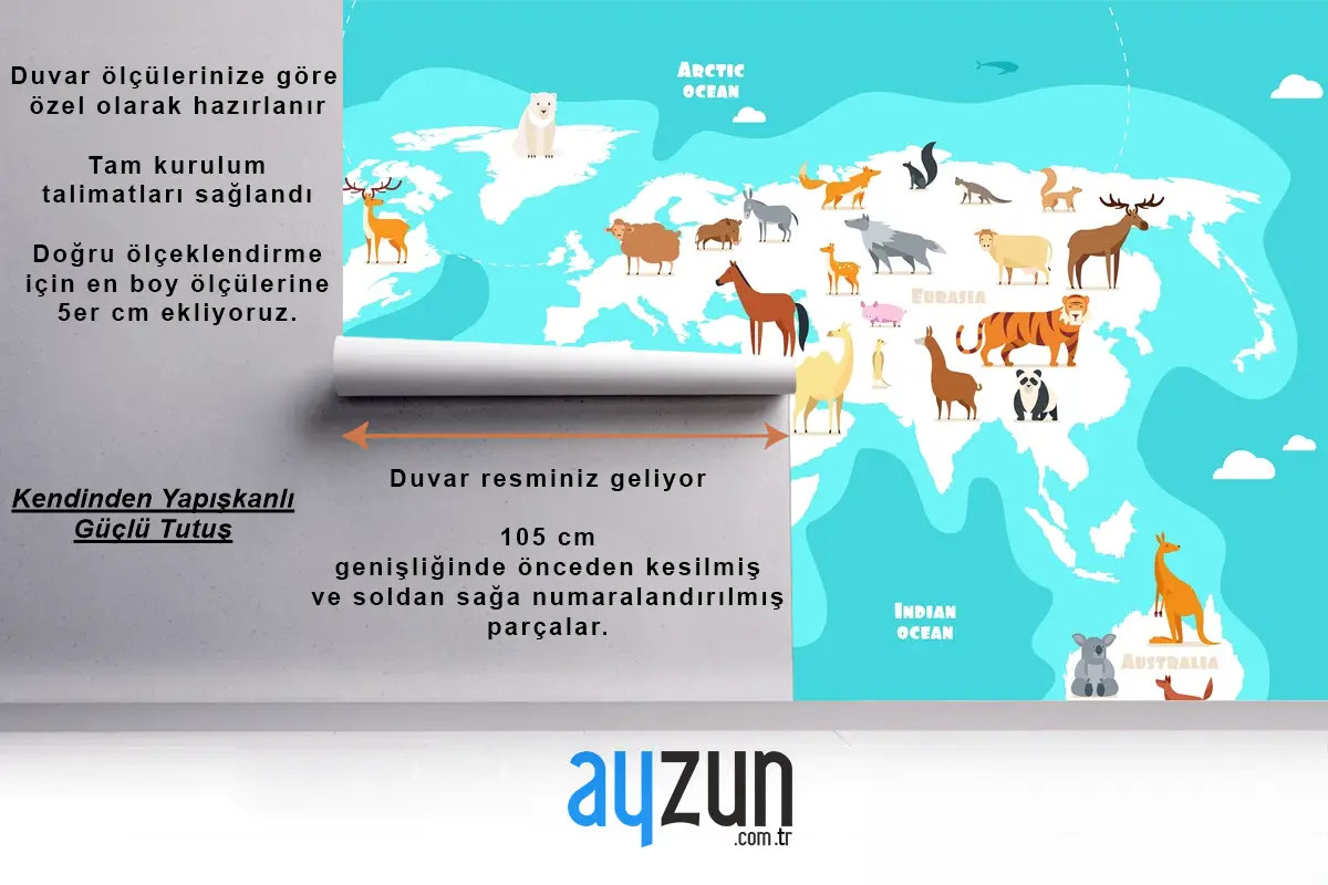 Hayvanlarla Dünya Haritası Dünya Keşfi Komik Çocuklar Coğrafya Çocuk Odası Duvar Kağıdı
