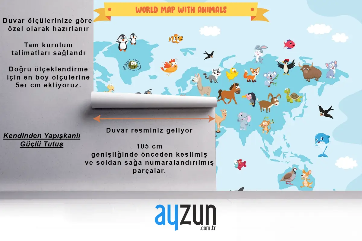 Karikatür Hayvanlı Dünya Haritası Çocuk Odası Duvar Kağıdı