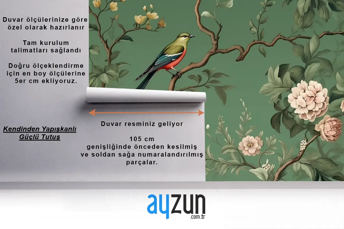 Çiçekler Dallar Kuşlar Altın Fırça Darbeleri Duvar Kağıdı