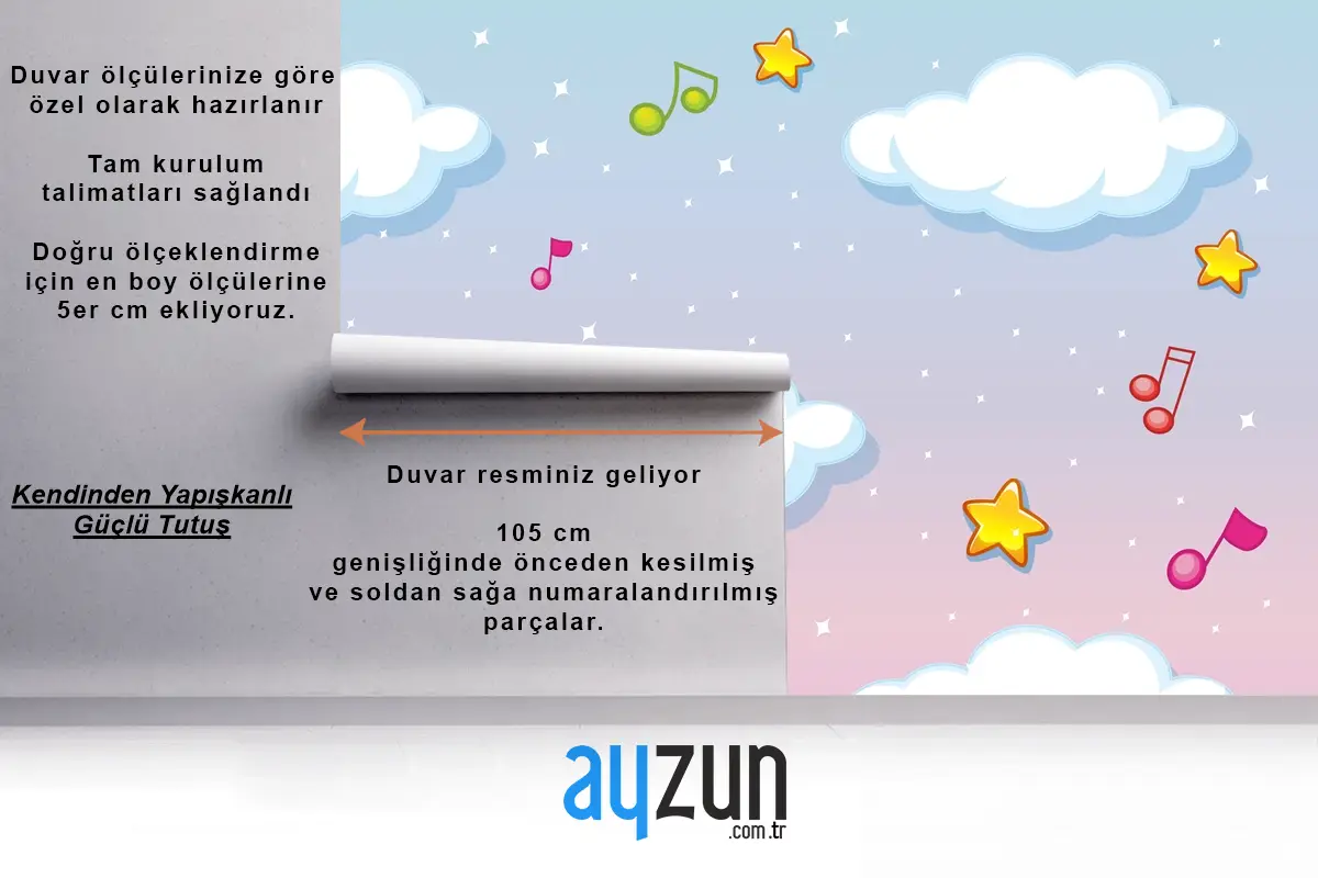 Melodi Temalı Çocuk Odası Duvar Kağıdı  Ile Pastel Gökyüzü Arka Planında Boş Bulutlar