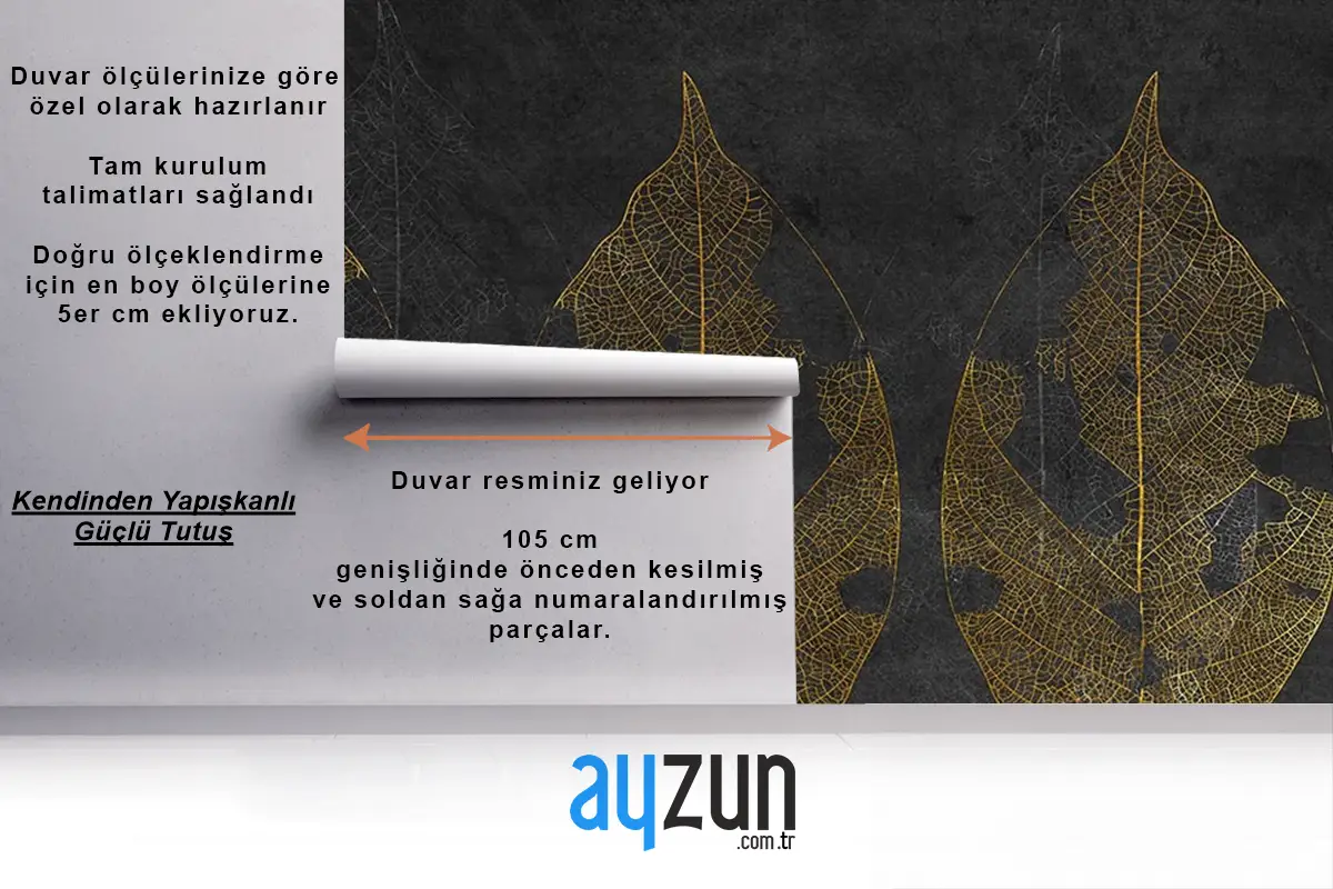 Büyük Gold Tonlarında Yaprak Desenli Duvar Kağıdı
