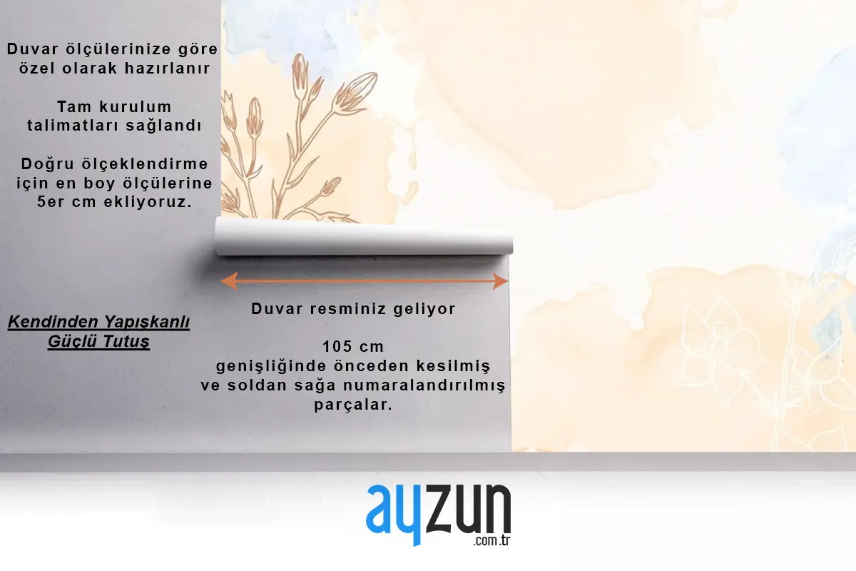 Krem Tozu Pastel Elle Çizilmiş Çiçekli Oturma Odası Duvar Kağıdı