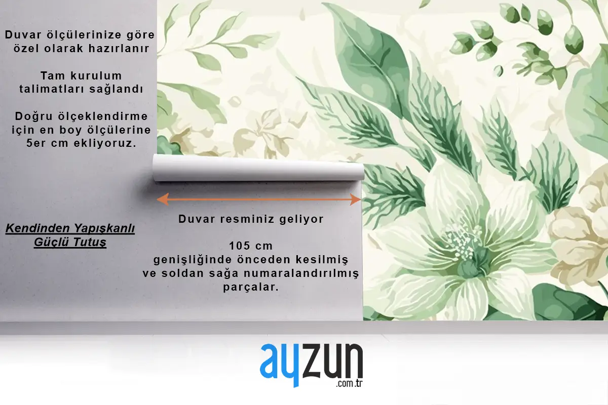 Kesintisiz Suluboya Yeşil Ve Bej Çiçek Desenli Oturma Odası Duvar Kağıdı 