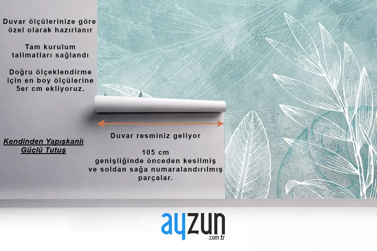 Turkuaz  Beyaz Yapraklar Duvar Kağıdı