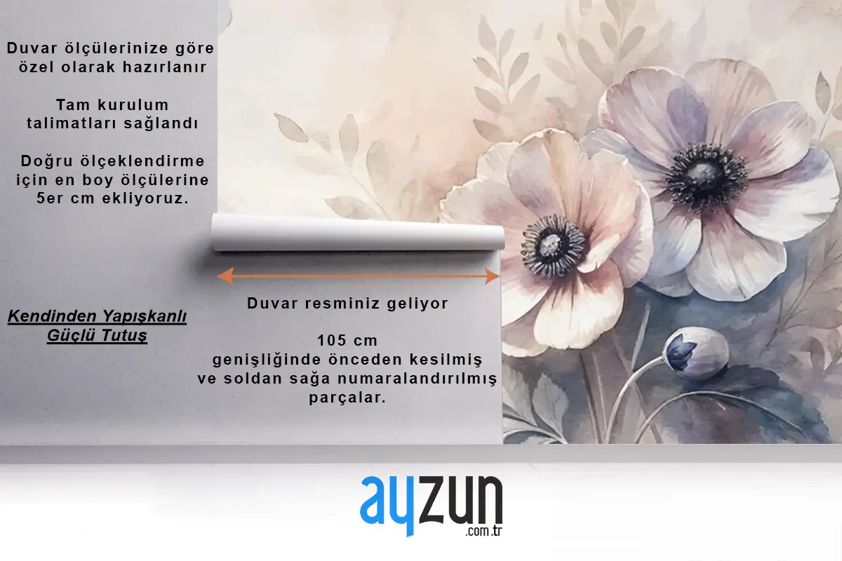 Vintage Anemon Çiçek Suluboya Arka Plan Oturma Odası Duvar Kağıdı 