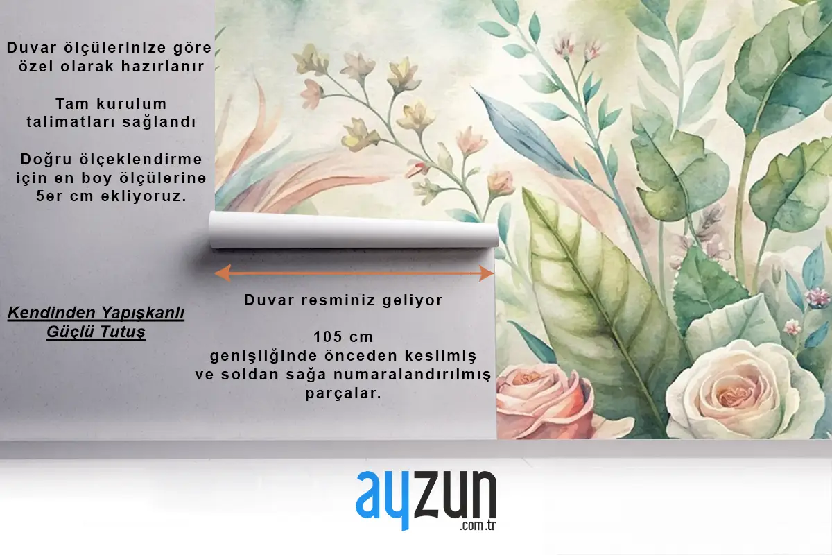 Çeşitli Botanik Ve Çiçeklerin Suluboya Arka Planları Oturma Odası Duvar Kağıdı 