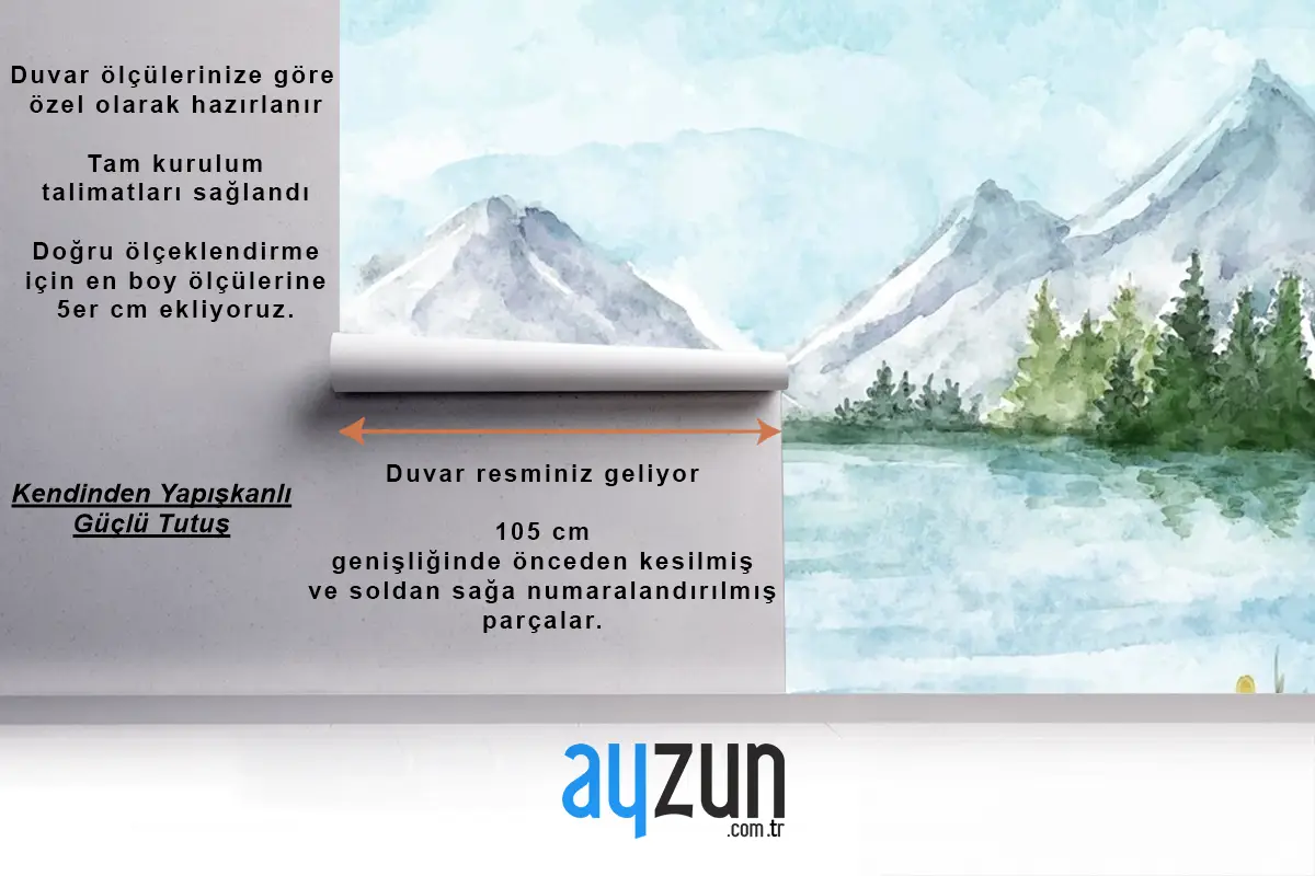 Suluboya Göl Manzarası Oturma Odası Duvar Kağıdı 