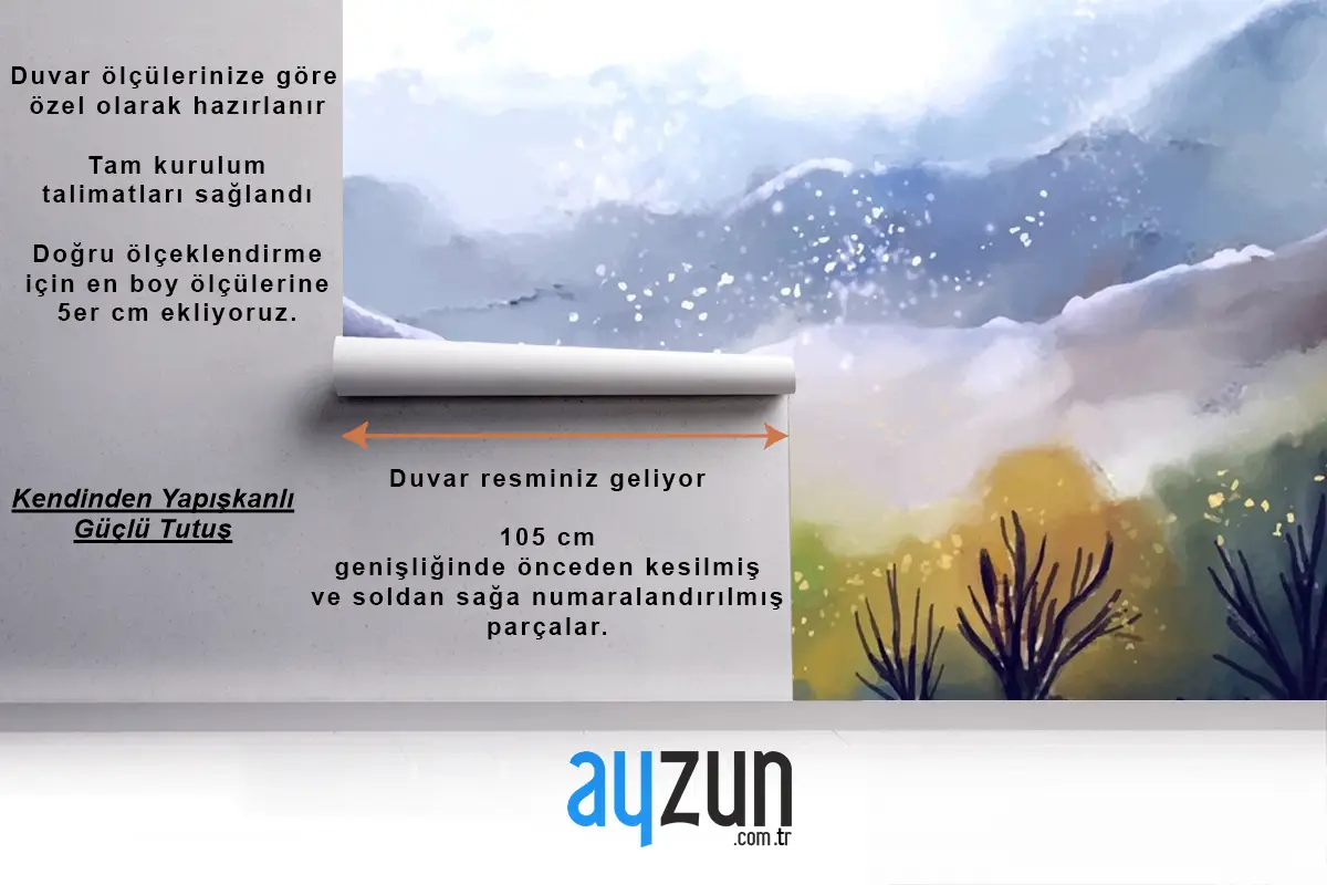 Suluboya Dağ Manzarası Oturma Odası Duvar Kağıdı 