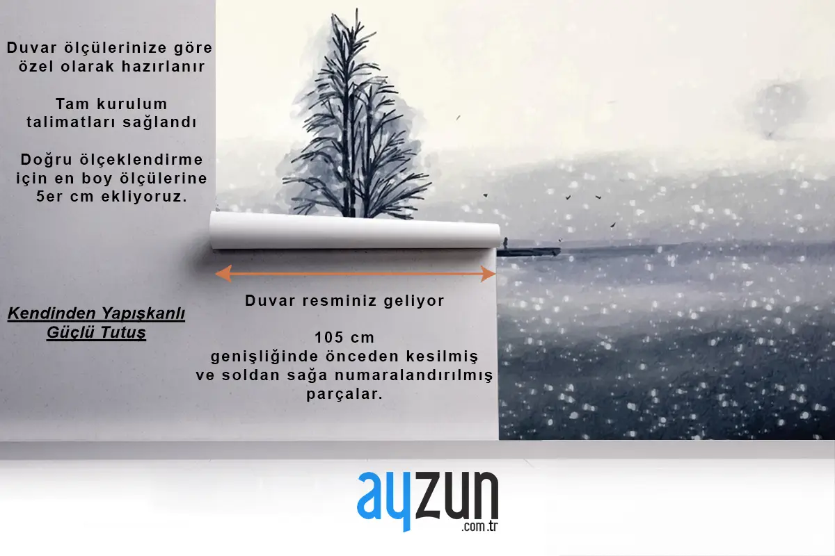 Suluboya Kış Manzarası Oturma Odası Salon Duvar Kağıdı