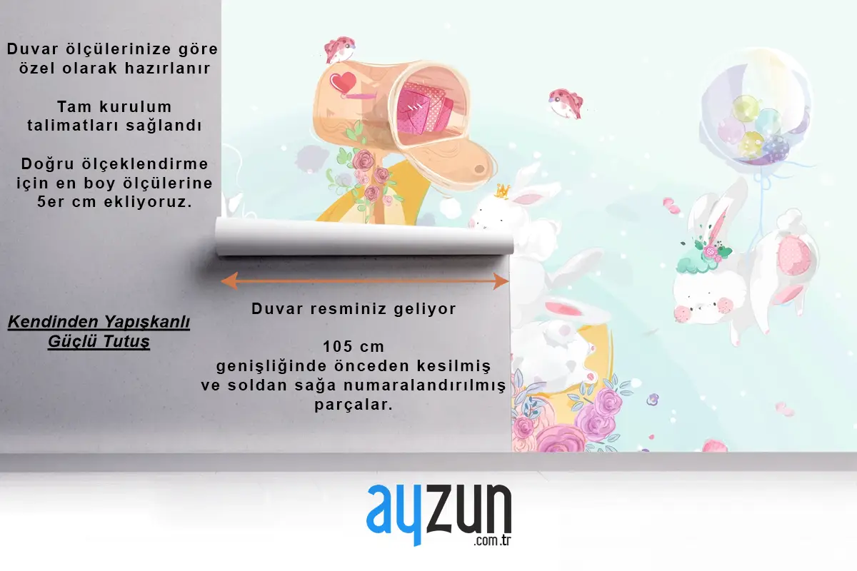 Renkli Suluboya Tarzında Sevimli Küçük Tavşan Çocuk Odası Duvar Kağıdı