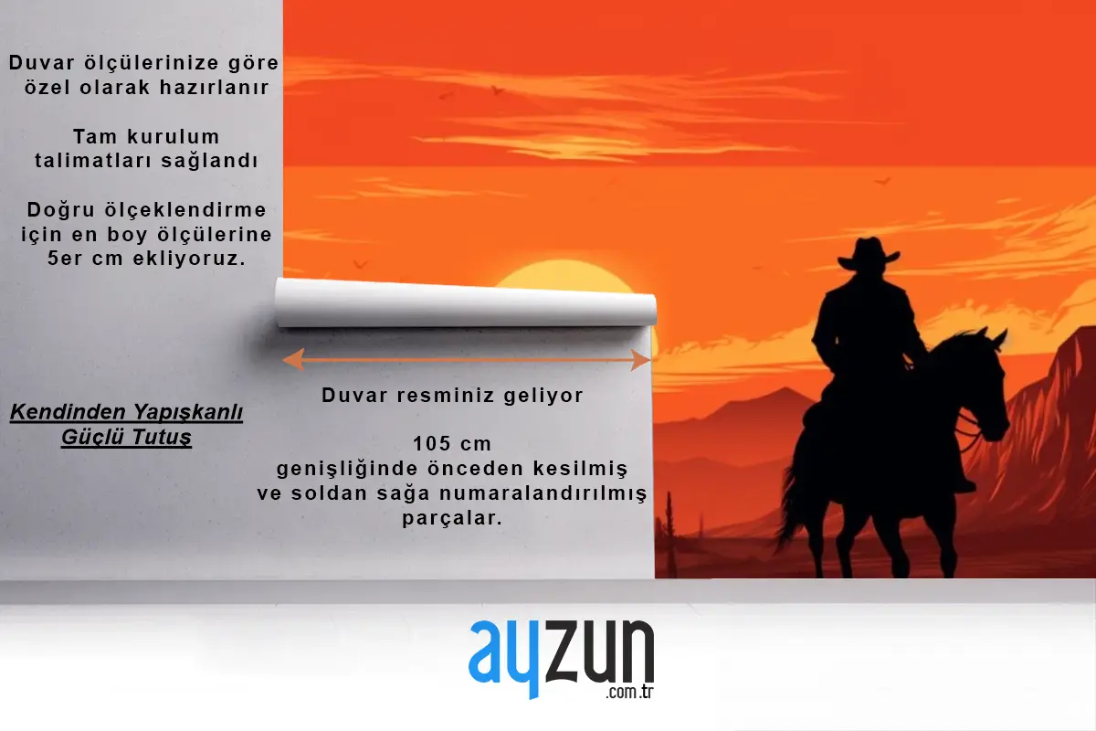 Gün Batımı Önünde Ata Binen Bir Kovboy Tablosu Çocuk Odası Duvar Kağıdı