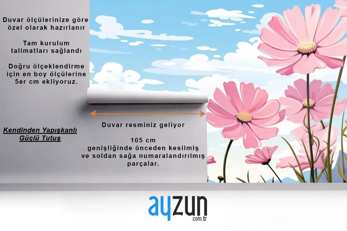 Papatyalar Çocuk Odası Duvar Kağıdı Ile Gökyüzünde Pembe Çiçeklerden Oluşan Bir Tablo