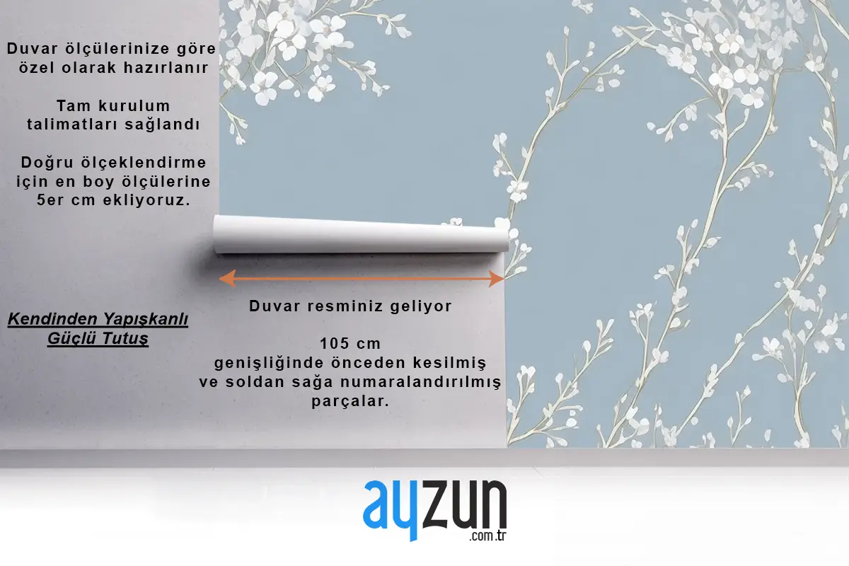 Açık Mavi Arka Planda Çiçek Deseni Tv Arkası Duvar Kağıdı