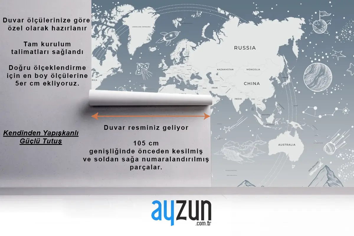 Açık Mavi Güneş Sistemi Galaksi Uzay Çocuk Odası Dünya Haritası Duvar Kağıdı