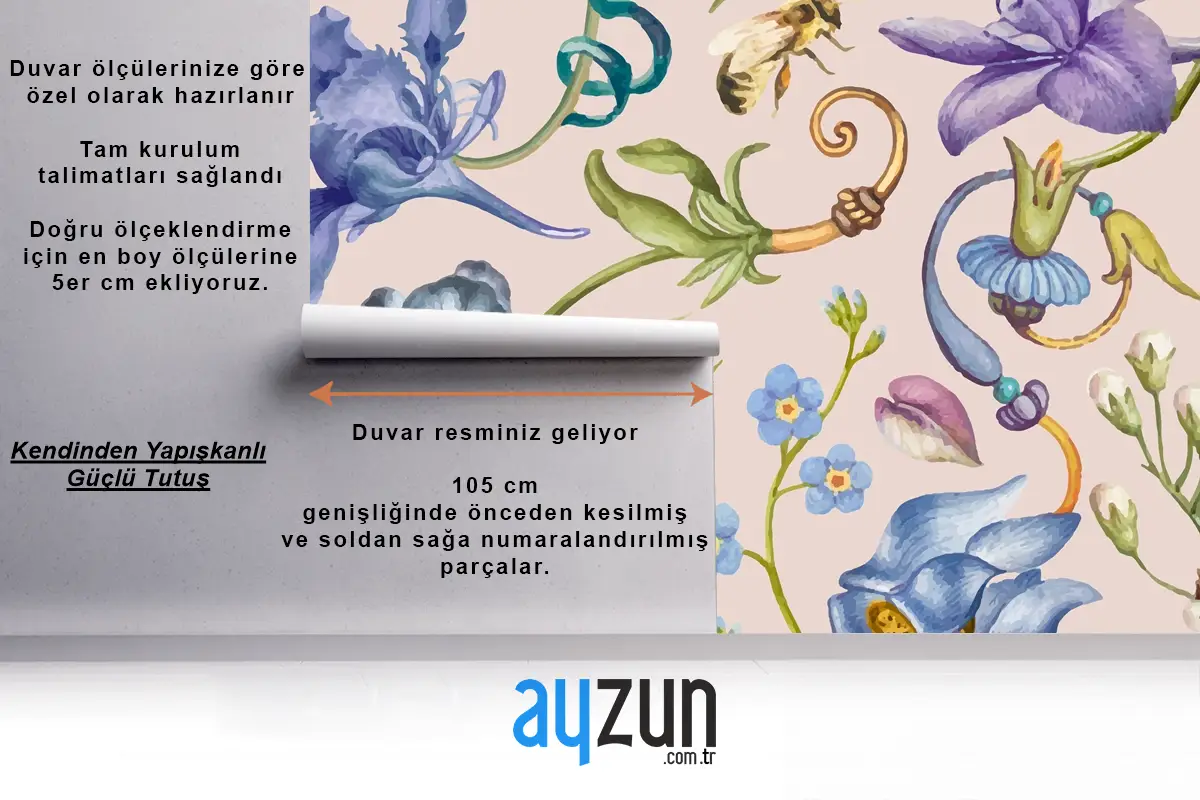 Pembe Arka Planda Estetik Mor Çiçek Desenli Mutfak Duvar Kağıdı