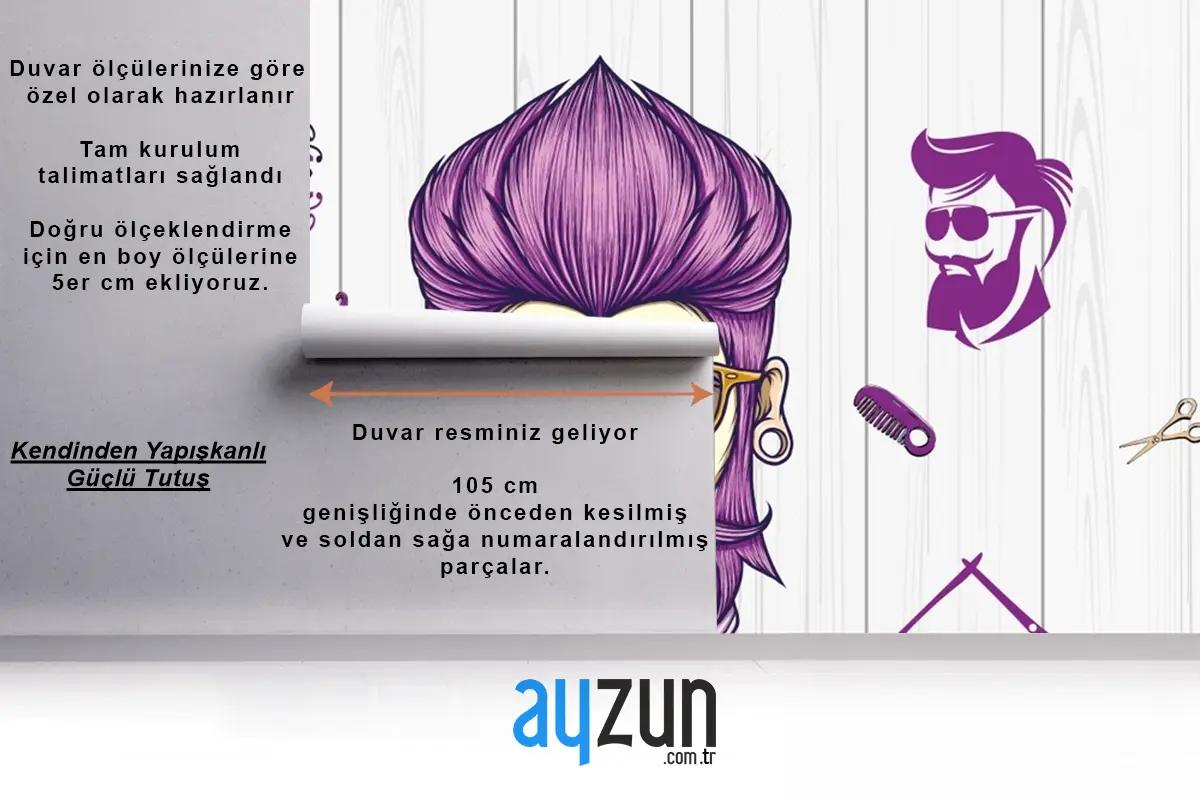 Ahşap Arka Plan Mor Temalı 3D Kuaför Duvar Kağıdı