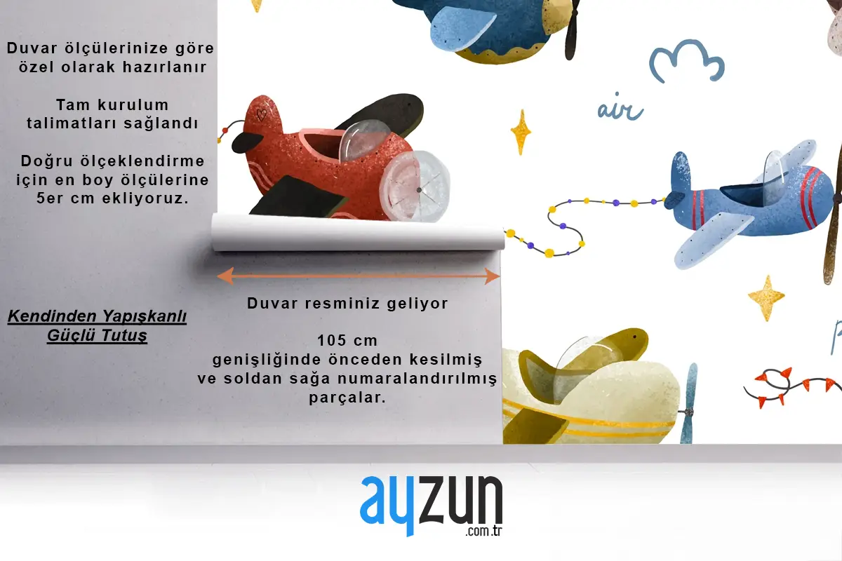 İskandinav Tarzı Çocuk Odası Duvar Kağıdı Duvarında Uçak Ve Bulutlar