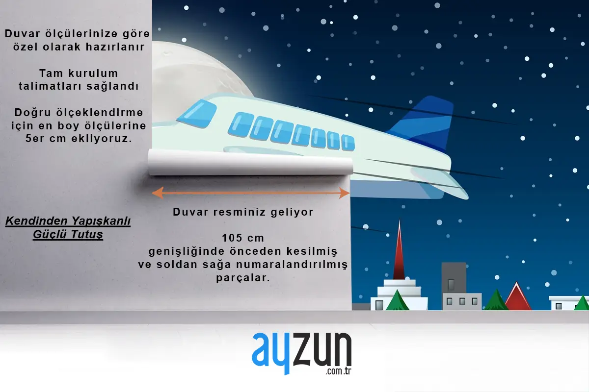 Gece Gökyüzünde Uçan Uçak Çocuk Odası Duvar Kağıdı